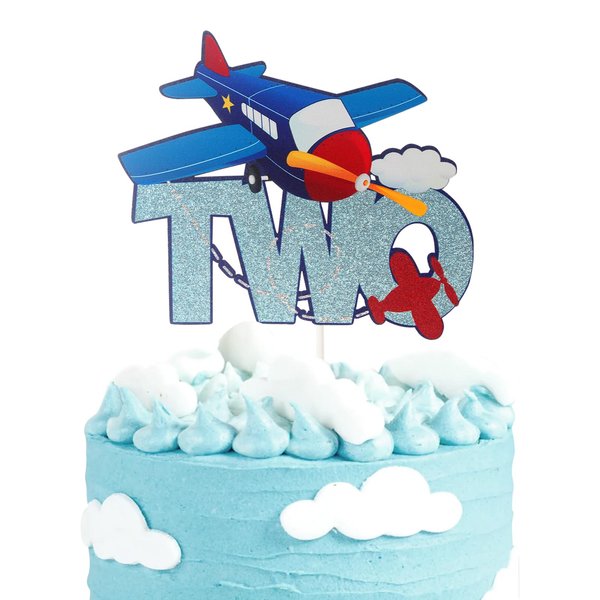 Aircraft Two Cake Topper,Airplane 2nd Year Old Party Supplies for Kids Plane Theme Party Baby Shower,Airplane Aviator Adventure Themed Party Decor.