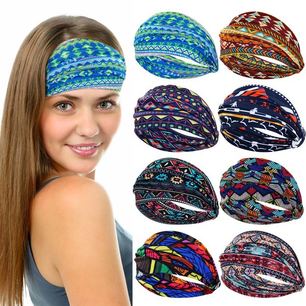 Dizila 8 Pieces Non Slip Stretchy Knotted Boho African Wide Headbands Headwraps Hair Bands Turbans Accessories for Women Girls Sports Yoga Workout