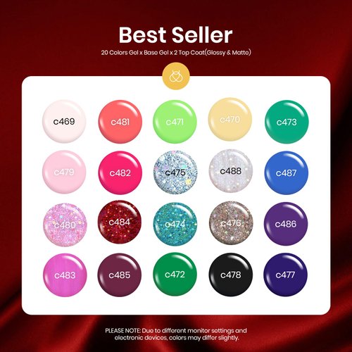 Beetles 23 Pcs UV Gel Nail Polish, Summer Bright Colors Blue Pink Purple Orange Green Glitter Soak Off Nail Gel Trendy Rainbow Nail Kit with Glossy & Matte Top and Base Coat
