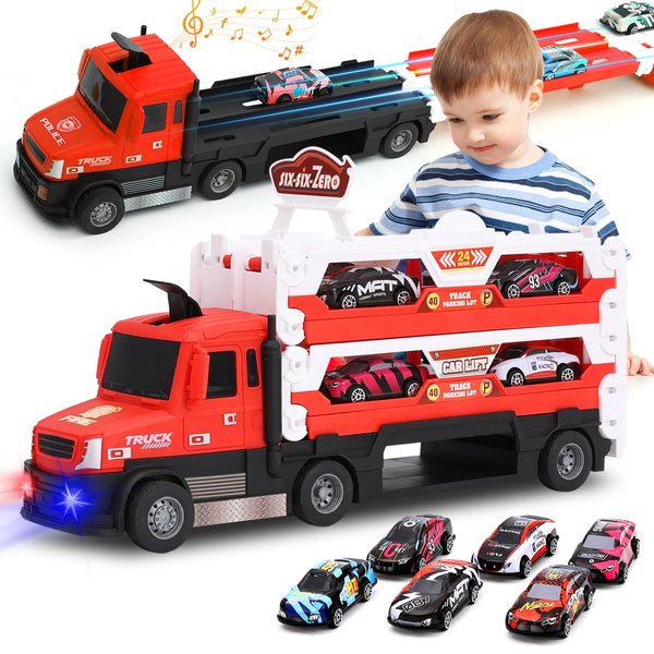 TALGIC Car Transporter Toy Truck for Toddlers 3-5 with 55-Inch Ejection Race Track, Deform Catapulting and Shooting Folding Storage Car Carrier with 6 Race Cars Gift for Kids Ages 3-5, 4-8