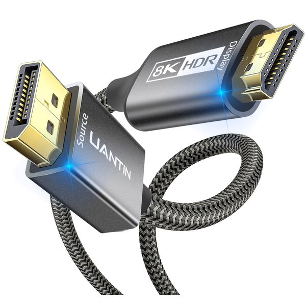 UANTIN DisplayPort 1.4 to HDMI 2.1 Cable (8K@60Hz,4K@120Hz,2K@144Hz) Uni-Directional 6FT DP (Source) to HDMI (Monitor) Braided Cord Support HDCP2.3/HDR10/DSC for AMD, NVIDIA