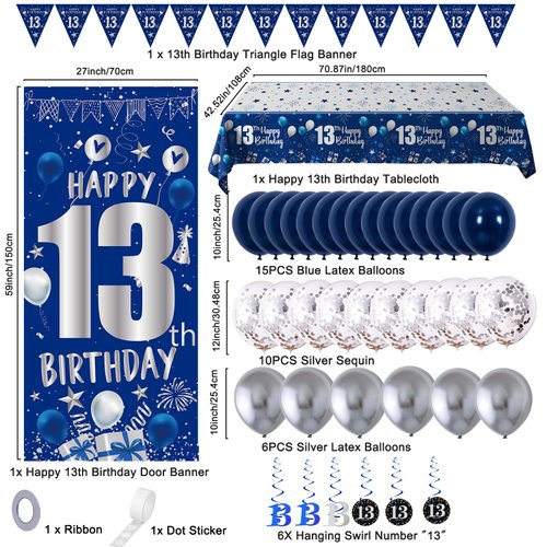 13th Birthday Decorations for Boys Girls, Blue Silver 13th Birthday Decorations Backdrop with Happy 13th Birthday Banner, Number 13 Hanging Swirls, Triangle Flag, 13 Years Old Birthday Party Supplies