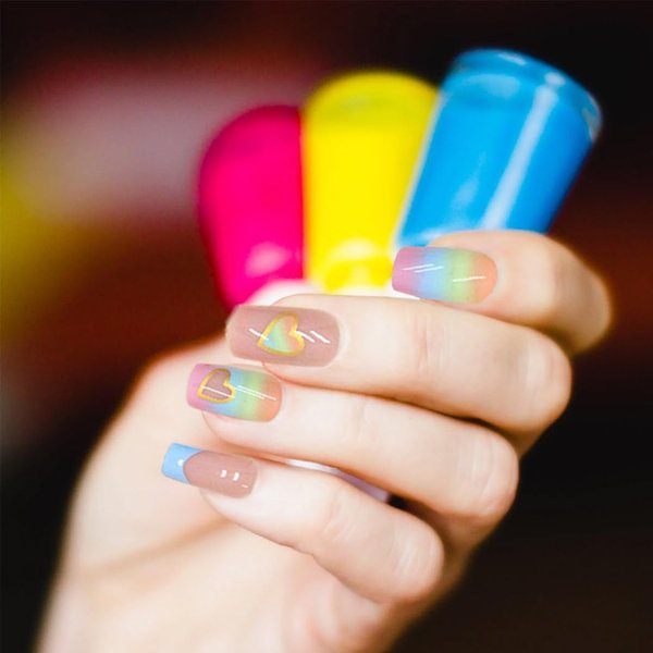 Gangel Heart French Tip Press on Nails Colorful Glossy Square Fake Nails with Nail Glue Medium Acrylic False Nails for Women and Girls(24 pcs)