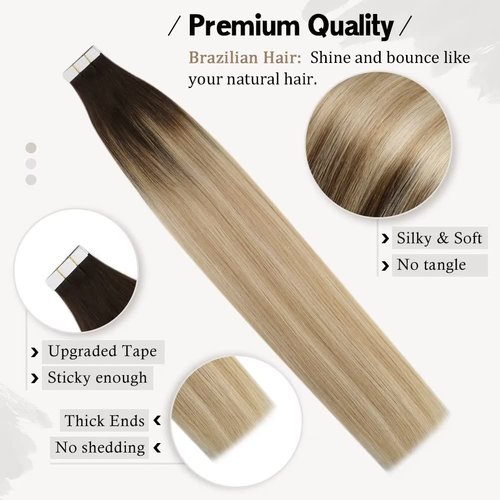 Moresoo Balayage Tape in Hair Extensions Human Hair Ombre Tape in Extensions Balayage Brown to Caramel Blonde Mix with Blonde Hair Extensions Tape in Human Hair 24 Inch #2/27/613 20pcs 50g