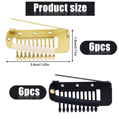 12pcs Wig Clip with Safety Pins, 10-Teeth Hair Extension Snap Invisible Wig Combs to Secure Wig No Sew Chunni Grip Dupatta Clips for Girls Women Wig Headscarf Hijab & Tikka (Black, Gold)