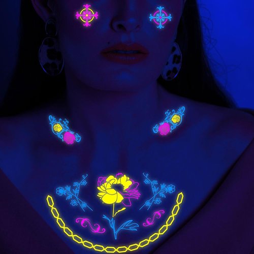 12 Sheets Glow in The Dark Temporary Tattoos Butterfly Flower Floral Luminous Tattoo Stickers Body Face Fake Waterproof Tattoos for Adults Women Man Rave Festival Accessories Party Favor Supplies
