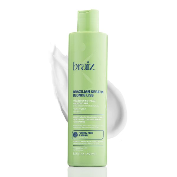 Braiz Blonde Liss 8.45oz - Brazilian Keratin Single Step Hair Straightening Treatment - No Frizz - No Yellow Tones - Repair & Nourishment for Bleached and Blond Hair