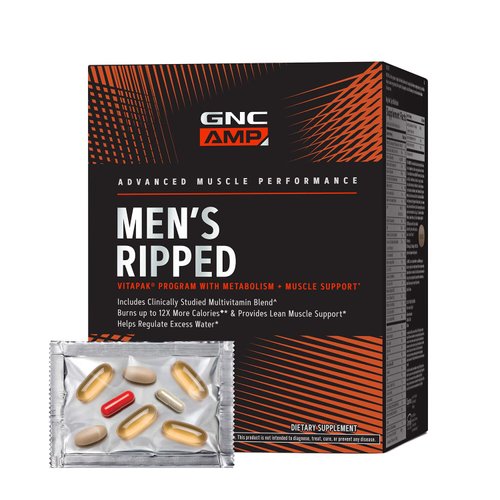 GNC AMP Men’s Ripped Vitapak Program, 4 in 1 Product Vitamin Pack, Metabolism & Lean Muscle Tone, Burn Calories, Water Shedding, Adult Multivitamin, Caffeine, CLA, Proven Ingredients, 30-Day Supply
