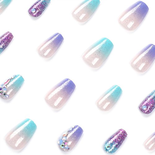 Glitter Rhinestones Press on Nails Medium Square Fake Nails Glossy Gradient False Nails Design Reusable Artificial Acrylic Nails Full Cover Stick on Nails Natural Glue on Nail for Women Charm Manicure