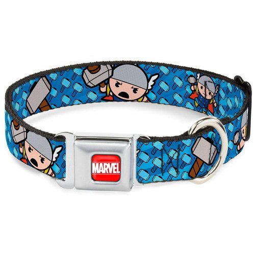 Dog Collar Seatbelt Buckle Kawaii Thor Poses Hammer Monogram Blues 15 to 26 Inches 1.0 Inch Wide