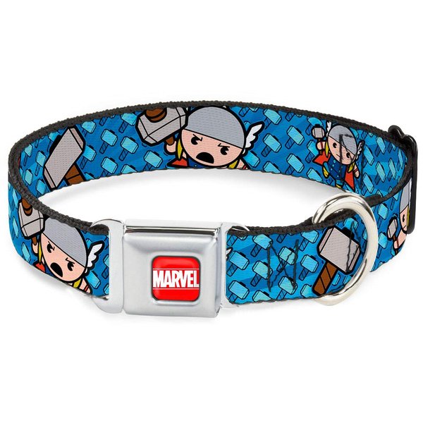 Dog Collar Seatbelt Buckle Kawaii Thor Poses Hammer Monogram Blues 15 to 26 Inches 1.0 Inch Wide