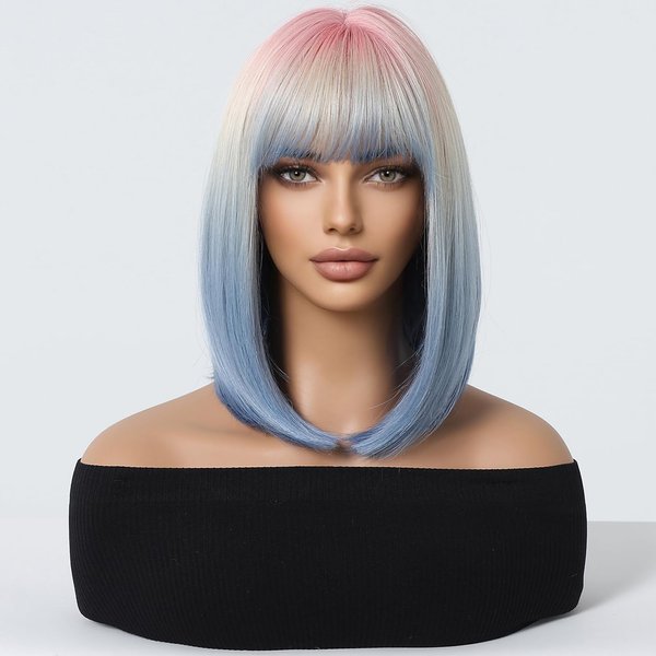 BERON Pink and Blue Bob Wigs Womens Short Straight Hair Wig with Bangs Girls Ombre Colored Synthetic Cosplay or Daily Use Wigs Wig Cap Include