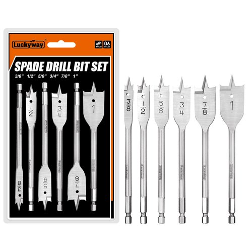 Luckyway 6-Piece 3/8 Inch to 1 Inch Spade Drill Bits Set for Wood, Plastic, Aluminum Hole Cutting