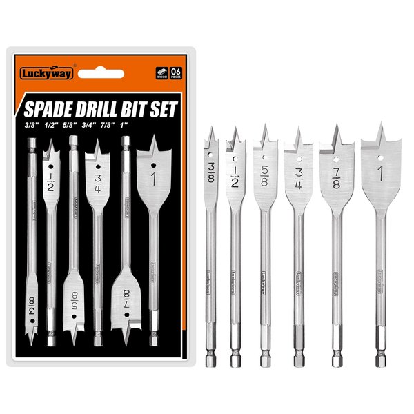 Luckyway 6-Piece 3/8 Inch to 1 Inch Spade Drill Bits Set for Wood, Plastic, Aluminum Hole Cutting