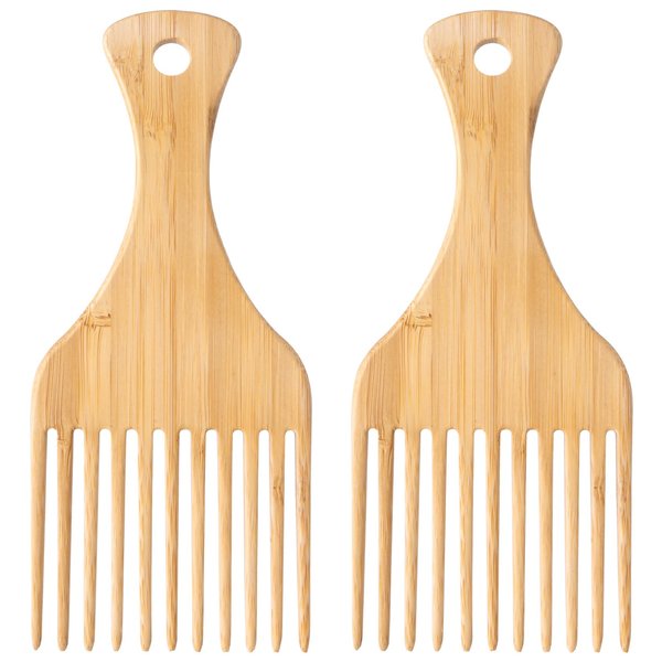OIIKI Bamboo Combs Afro Hair Picks 2pcs, Beard Pick for Men Wide Tooth Comb for Curly Wavy Natural Thick Long Hair, Hair Picks for Women Hair Styling Accessories