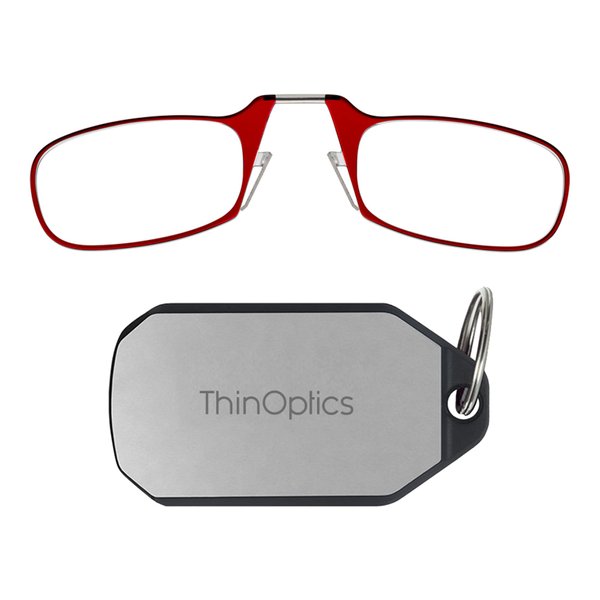 ThinOptics Keychain Case + Rectangular Reading Glasses, Red, 44 mm + 2