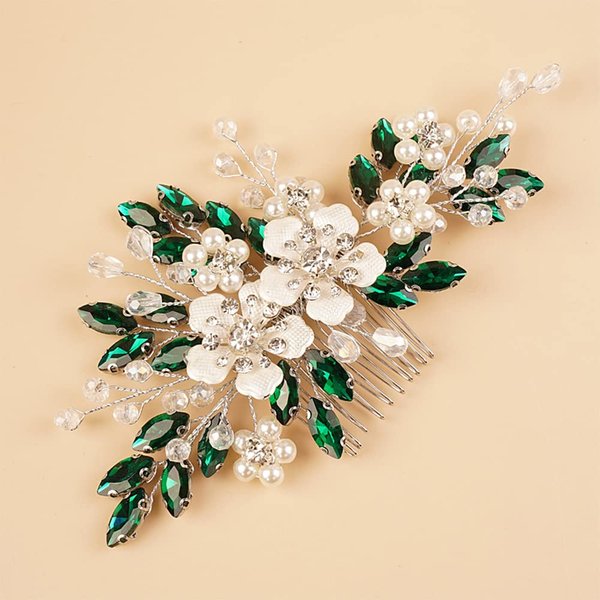 Teyglen Crystal Bride Wedding Hair Comb Vintage Green Flower Rhinestones Side Comb Shiny Hair Pieces Headpieces with Pearl Bridal Hair Accessories for Women Bride Girl(Green)