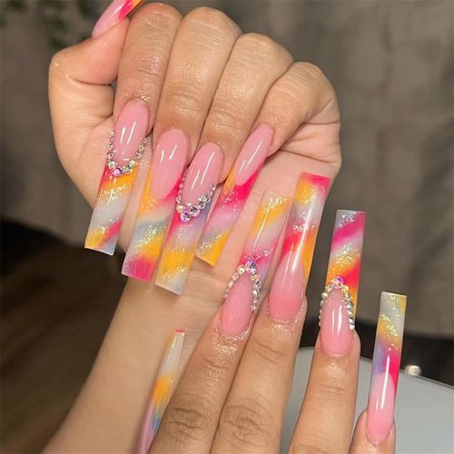 DOCVOEOMH Press on Nails Long Square French Colorful Acrylic Fake Nails with Rhinestones Design Glue on Glossy Full Cover Artificial Gel False Stick on Nail for Girls Women Wedding Manicure 24Pcs