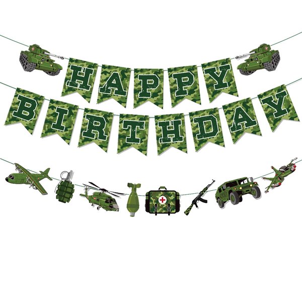 Zwiebeco Birthday Party Decoration Supplies - Green Camo Happy Birthday Banner Sign Hanging Green Paper Bunting Garland Banner for Boys Kids Mens Adults Camouflage Themed Birthday Decorations