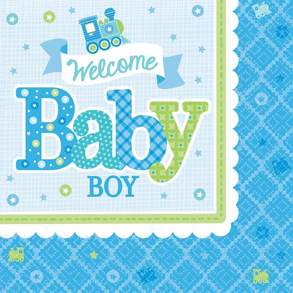 Amscan Charming Welcome Little One Boy Luncheon Napkins Baby Shower Party Supplies, 6-1/2 x 6-1/2", Blue/White/Green