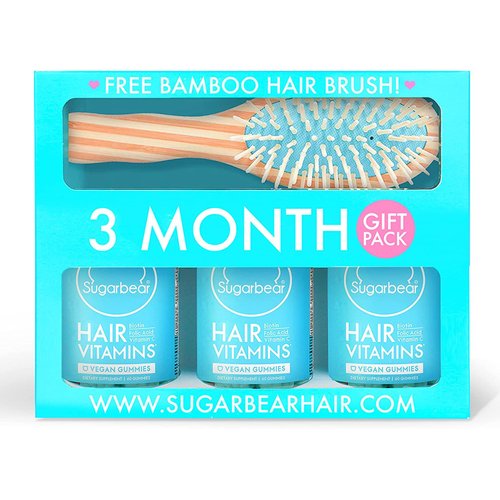 Sugarbear Hair Vegan Vitamin Gummies for Luscious Hair Vitamin C, 6000 mcg Biotin, B12, Zinc, Iodine, Folic Acid, Coconut Oil, Hair and Nails Supplement for Women & Men (3 Month Gift Pack Free Brush)