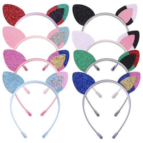Fishdown Cat Ears for Kids Girls, 8 Pack Glitter Cat Ears Headband Rainbow Cat Ears for Daily Wearing and Party Decorations