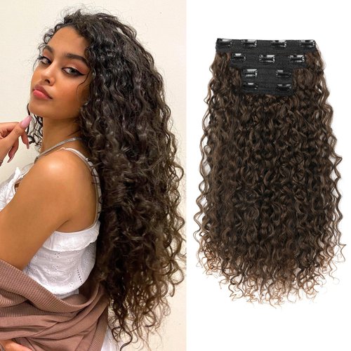 Clip in Hair Extensions, FLUFYMOOZ 4PC 100％ Pure Protein Silk Hair Extensions Long Soft Natural Hairpiece 20 Inch Curly Hair Extension for Women (Dark Almond brown with copper)
