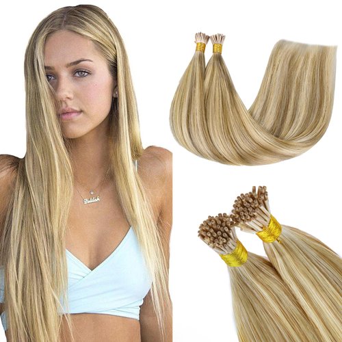 GOO GOO I Tip Hair Extensions Human Hair, 20inch 50g 50S, Real Human Itip Keratin Hair Extensions Pre Bonded, 16/22 Light Blonde Highlighted Golden Blonde