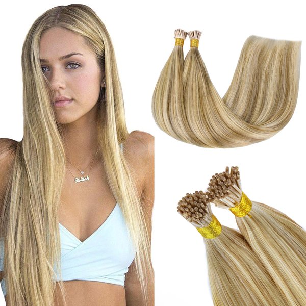 GOO GOO I Tip Hair Extensions Human Hair, 20inch 50g 50S, Real Human Itip Keratin Hair Extensions Pre Bonded, 16/22 Light Blonde Highlighted Golden Blonde