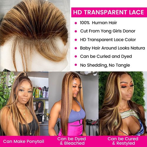 Chamkylin Highlight Ombre Lace Front Wig Human Hair Pre Plucked 13x4 colored 4/27 HD Lace Frontal Wigs with Baby Hair 200% Density Honey Blonde Straight Lace Front Wigs 20 Inch