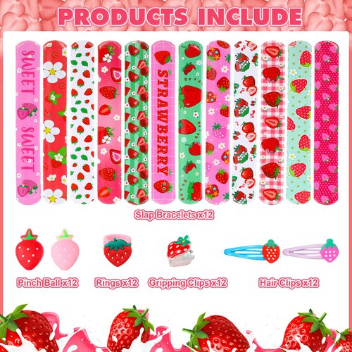Blosssound 170 Pcs Strawberry Party Favors Set Strawberry Pendant Necklace Hair Rope Gripping Clips Bracelets Keychains Pinch Ball Stickers for Girls Baby Shower Birthday Party Decorations Supplies
