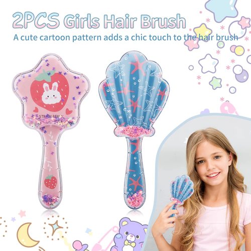 2Pcs Girls Wet Hair Brush, Cute Detangler Brush, Kids Wet-Brush No Pain Soft for All Hair Types Hair Curly Through Tangles Boys Hair Brush(Rabbit & Shell Pattern, with 10Pcs Cartoon Hair Ties)