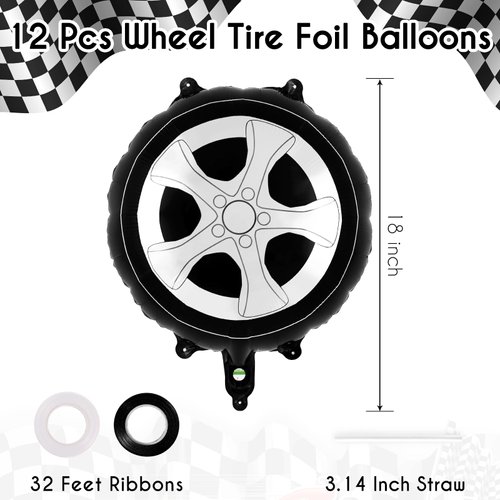 12 Pcs Tire Balloons,18 Inch Wheel Foil Balloons, Car Wheel Balloons Race Car Party Decorations for Birthday Party Race Car Theme Party Supplies