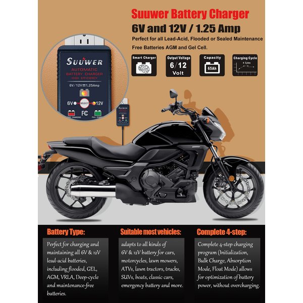 Suuwer 1.25-Amp Trickle Battery Charger 6V/12V Fully-Automatic Smart Battery Maintainer for Motorcycle, ATV, Boat, Lawn Mower and More