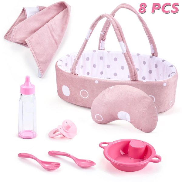 Enjoyin 8 Pcs Baby Doll Accessories Set Includes Feeding Bottle, Pacifier, Blanket, Pillow, Tablewares and Bassinet Carrier for 9'' to 12'' Dolls
