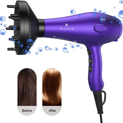 Wazor Lightweight Hair Dryer with Diffuser, Negative Ionic Professional 1875W Blow Dryer with 2 Speed 3 Heat Settings Cool Shot Purple