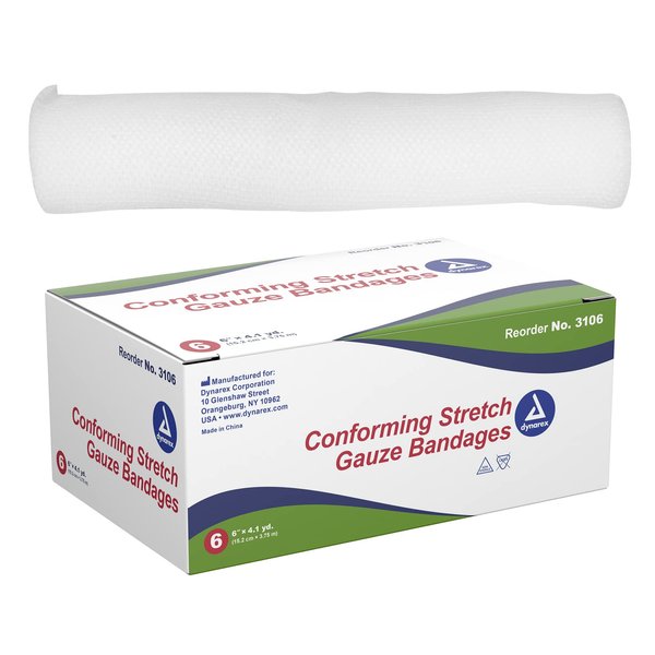 Dynarex Stretch Gauze Bandages, 6" x 4.1 yds, Non-Sterile & Latex-Free, Provides Wound Care in Medical and Home Environments, Individually Rolled, 1 Box of 6 Bandages