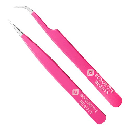 Lash Tweezers, Pack of 2 Stainless Steel Tweezers for Eyelash Extensions | Straight and Curved Tip Eyelash Tweezers | False Lash Application Tools (Pack of 2, Pink)
