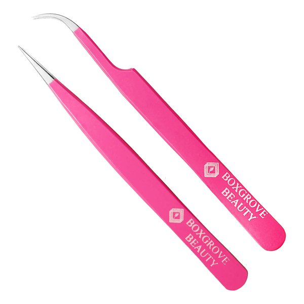 Lash Tweezers, Pack of 2 Stainless Steel Tweezers for Eyelash Extensions | Straight and Curved Tip Eyelash Tweezers | False Lash Application Tools (Pack of 2, Pink)