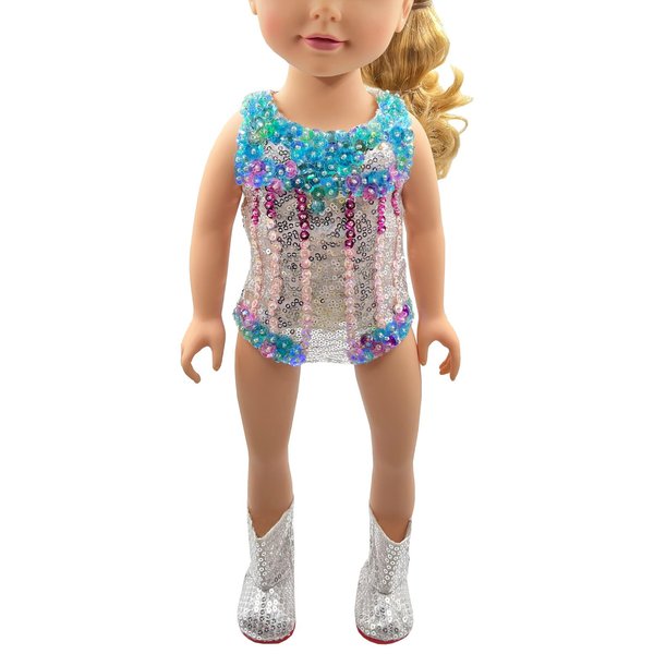 Luxurious Hand-Beaded Sequin Outfit with Silver Boots for 18 Inches American Doll (Medium for 18" Journ..Girl Doll)