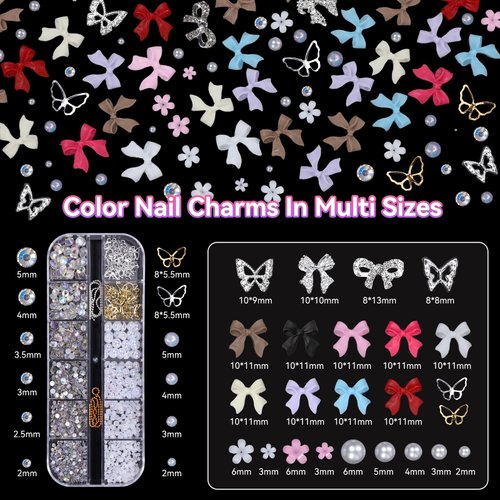 2 Boxes Mixed 3D Nail Charms and Rhinetones, Color Flower Bow Nail Art Charms, Half Round Pearl Flatback AB Nail Gems, Butterfly Alloy Nail Charms DIY Nail Art Supplies Accessories
