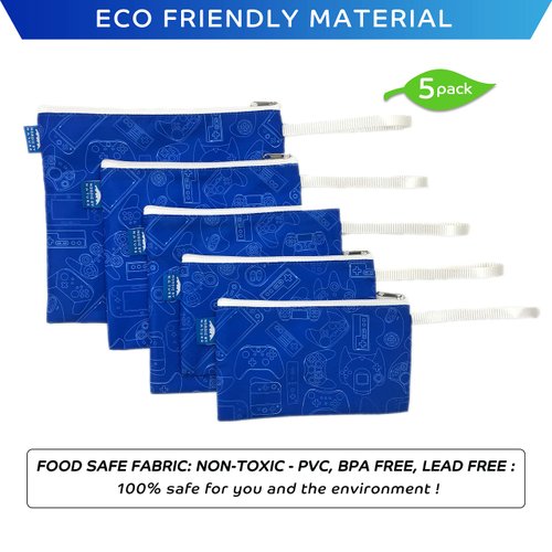 Nordic By Nature Reusable Sandwich Bag Snack Bags - Value Pack of 5 Dual Layer Lunch Baggies - Dishwasher Safe - Eco Friendly Cloth Wraps - Easy Open Zipper (Gamer Blue)
