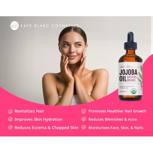 Kate Blanc Cosmetics Jojoba Oil for Hair Growth, Skin & Face (2oz) Facial Oil for Gua Sha Massage. 100% Pure & Natural Hair Oil Moisturize Nails, Ear, Scalps, Cuticles