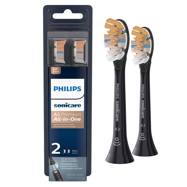 Philips Sonicare Genuine A3 Premium All-in-One Replacement Toothbrush Heads, 2 Brush Heads, Black, HX9092/95
