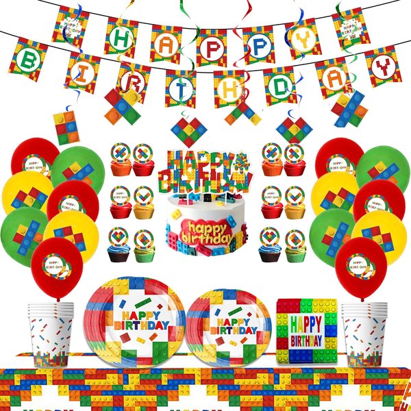 Nicime Building Birthday Supplies Set Decorations, Lovely Cute Happy Birthday Party Supplies with Banner, Balloon, Hanging Swirl, Tablecloth, Plate, Paper Cup, Paper Towel, Cake Topper, Cupcake Topper
