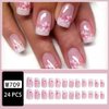 Cherry Flower Press on Nails Medium Pink Fake Nails for Women and Girls Gradient White French Tip False Nails with Flash Designs Glossy Coffin Fake Nails Medium Length Square Acrylic Nail Press ons