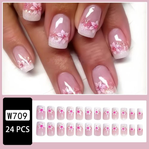 Cherry Flower Press on Nails Medium Pink Fake Nails for Women and Girls Gradient White French Tip False Nails with Flash Designs Glossy Coffin Fake Nails Medium Length Square Acrylic Nail Press ons