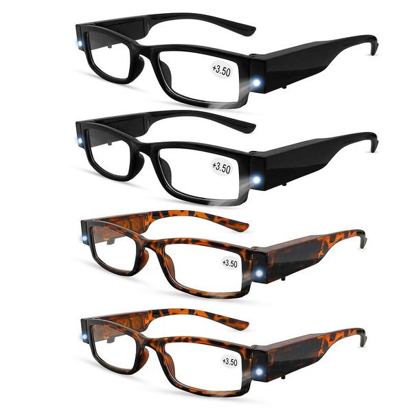 DuanMei 4 Pcs Reading Glasses with Light Bright LED Readers with Lights Reading Glasses Lighted Magnifier Nighttime Reader Compact Full Frame Eyewear Clear Vision Unisex Clear Vision Lighted (+350)