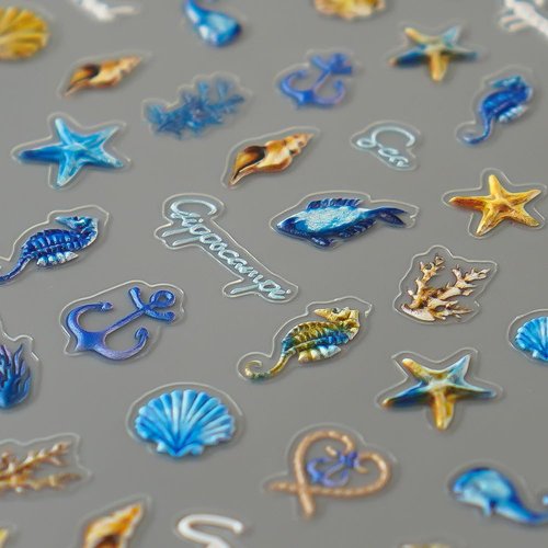 5D Embossed Seashell Starfish Nail Art Stickers - Self Adhesive Seashell Starfish Nail Decals Summer Nail Stickers Supplies Blue Marine Life Theme Design Nail Art Stickers for Women DIY Nail Salons