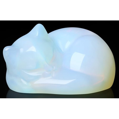 QINJIEJIE Opal Cat Crystals Decor Sleeping Cat Statue Healing Carved Stone Decors Gift Polished White Opalite Gemstones Figurine Office Room Home Desk Lucky Cute Decoration for Women Men Cat Lover